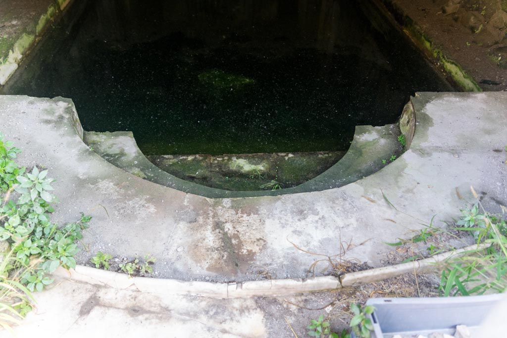 South-western baths, Herculaneum. October 2023.
South end of pool, steps descending into water at the semi-circular end of the pool. Photo courtesy of Johannes Eber.